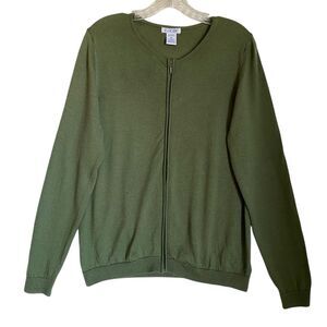 Vintage JG Hook Merino Wool Cardigan Women L Olive Green Full Zip Retro Cottage